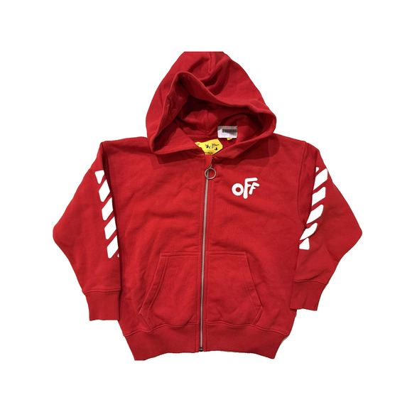Off-White Hoodie Youth 6 Red Zip Up OFF Logo Diagonal Stripes Boys Girls NEW - Picture 1 of 10